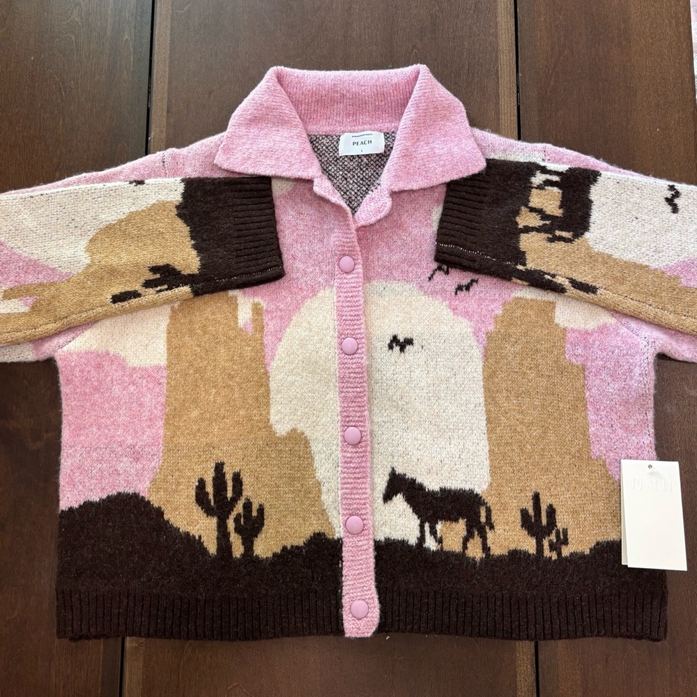 PEACH Desert Scene Button-Up Cardigan in Pink, Brown & Tan